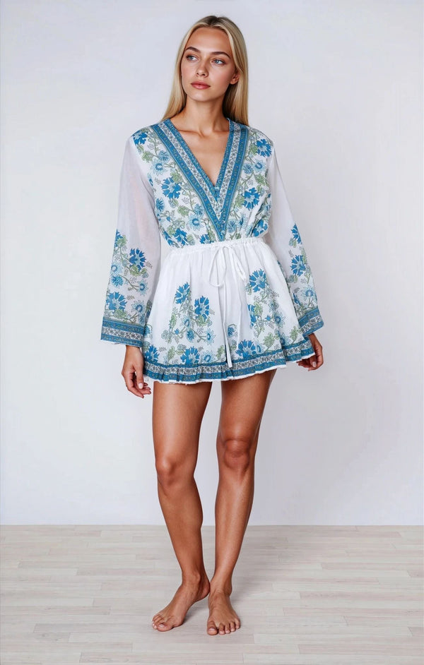 Playsuit Juliet Dunn Flared Sleeve Playsuit Rose Border Print White/Blue/Aqua Apoella