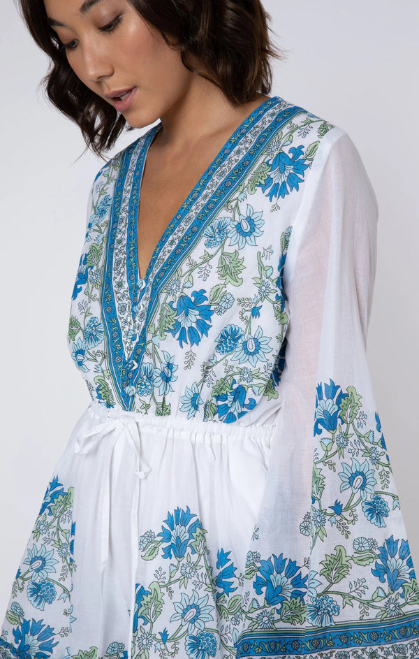 Playsuit Juliet Dunn Flared Sleeve Playsuit Rose Border Print White/blue/aqua Apoella