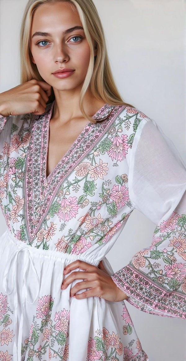 Playsuit Juliet Dunn Flared Sleeve Playsuit Rose Border Print White/Candy/Peach Apoella