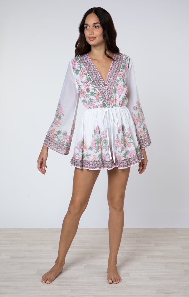 Playsuit Juliet Dunn Flared Sleeve Playsuit Rose Border Print White/candy/peach Apoella