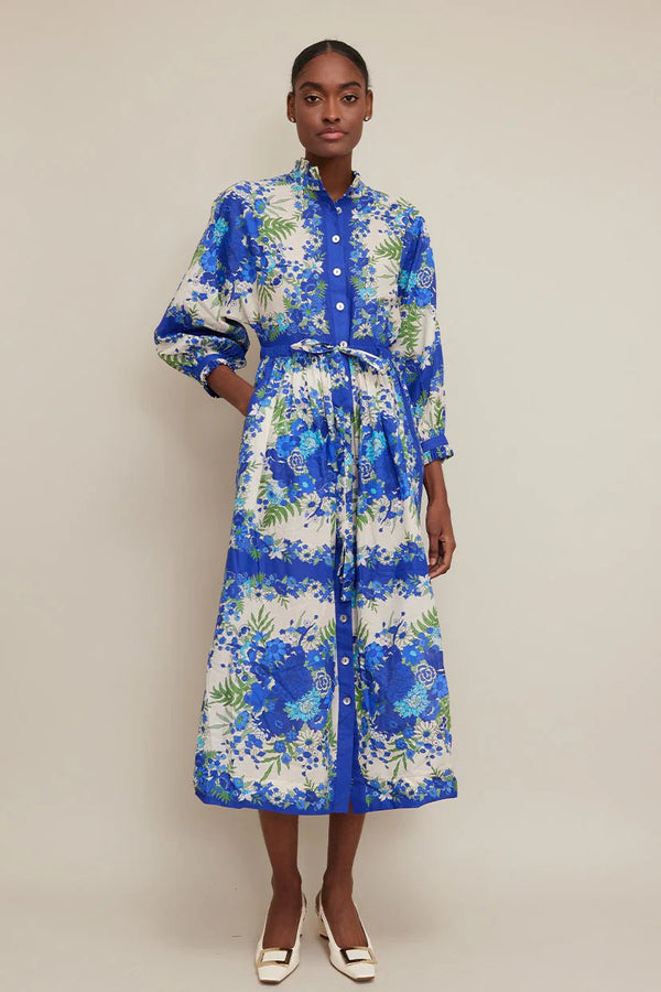 Shirtdress Cara Cara Beatrice Long Sleeve Midi Dress Evening Blue Bombay Bouqet Apoella