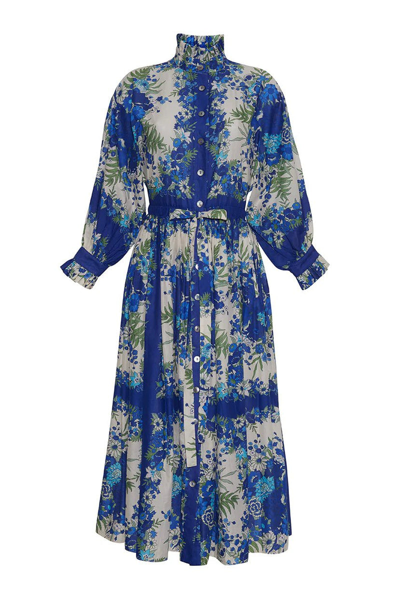 Shirtdress Cara Cara Beatrice Long Sleeve Midi Dress Evening Blue Bombay Bouqet Apoella