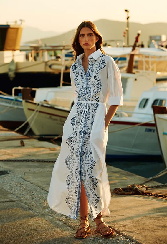 Shirtdress Evi Grintela Nori Lace Shirtdress Midi Sleeve Broderie Anglaise White/Blue Apoella