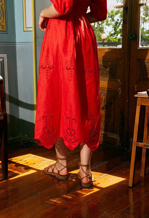 Shirtdress Evi Grintela River Linen Lace Shirtdress Short Sleeve Red Apoella