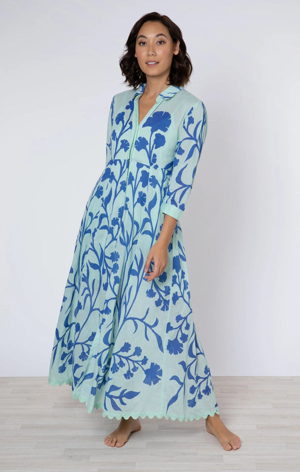 Shirtdress Juliet Dunn Maxi Shirtdress W.elbow Sleeves Majorelle Print Aqua/blue Apoella