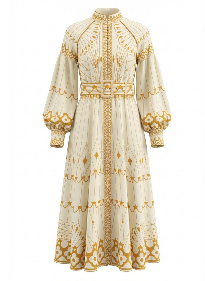 Pernilla Placement Belted Midi Shirtdress Gold APOELLA Pernilla Placement Belted Midi Shirtdress Gold APOELLA
