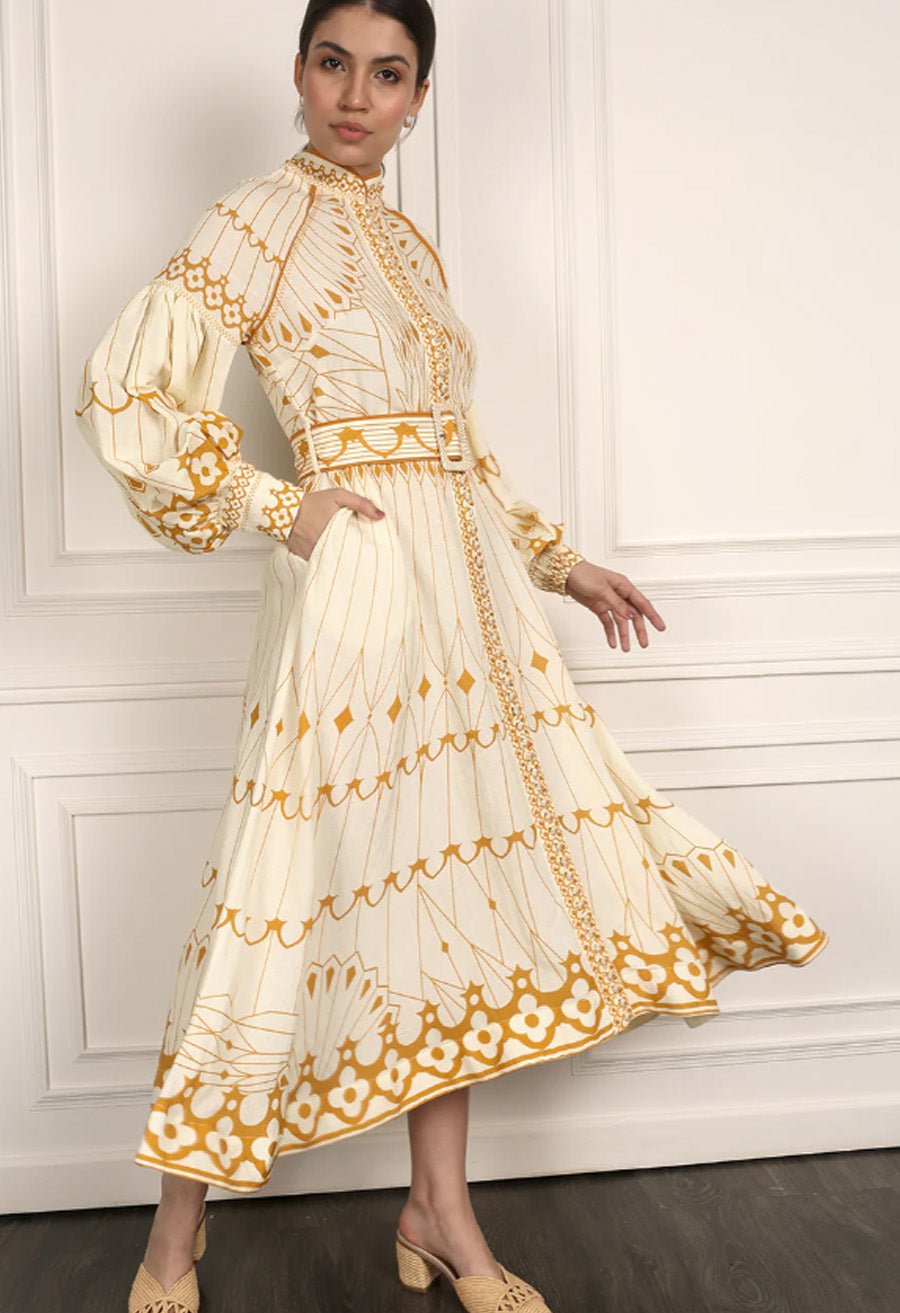 Pernilla Placement Belted Midi Shirtdress Gold Pernilla Placement Belted Midi Shirtdress Gold