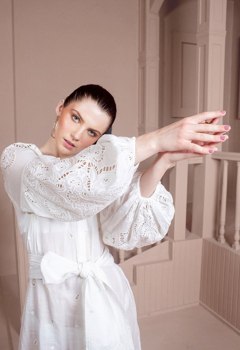 Shirtdress Scarlett Poppies Sunshine Babe Embroidered Ramie Full Sleeve Long Shirtdress Simply White Apoella