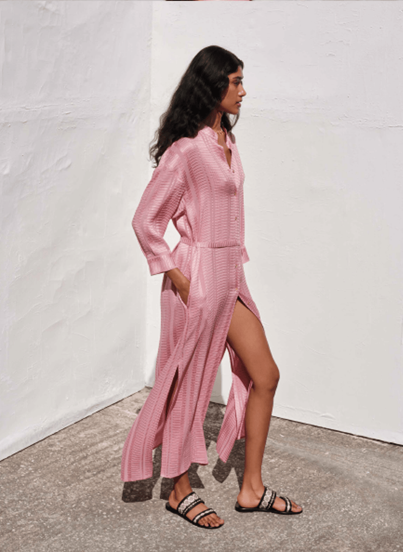 Maira Long Textured Silk Shirtdress Pink – APOELLA Maira Long Textured Silk Shirtdress Pink – APOELLA