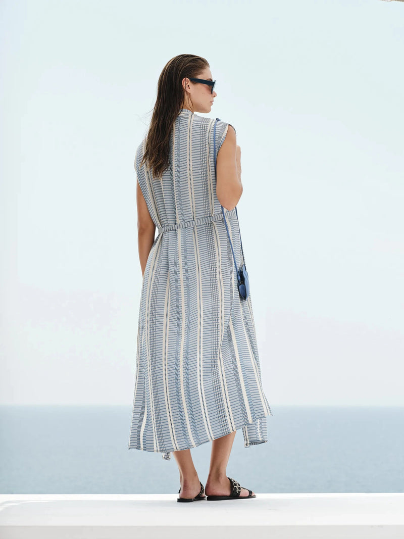 Shirtdress Zeus n Dione Regatta Long Textured Silk Shirtdress Ivory/Sky Blue 38 / Ivory Apoella