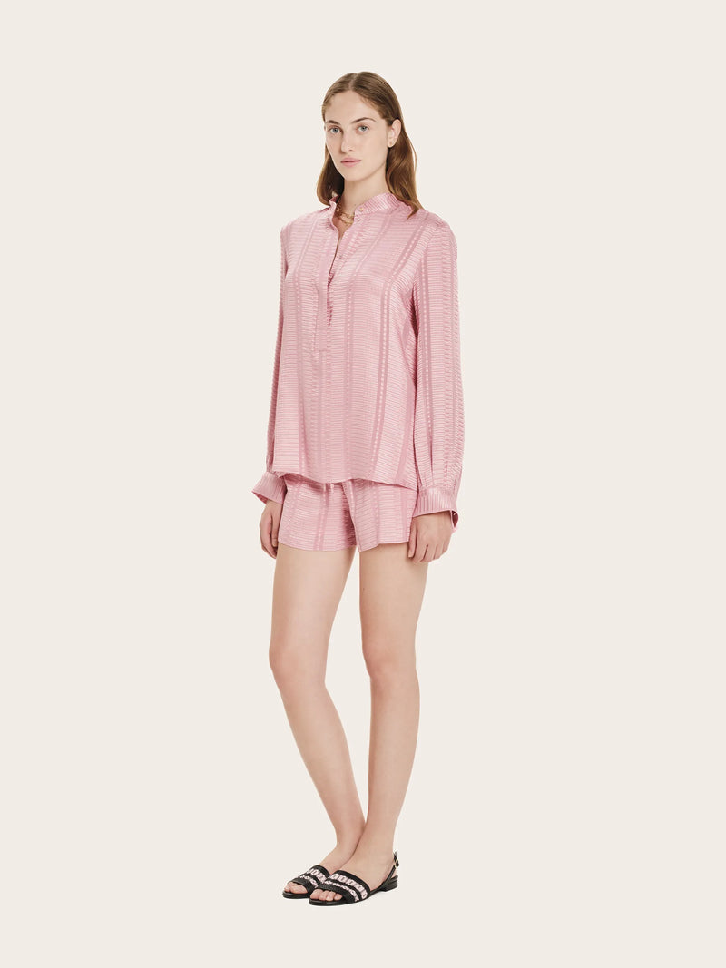 Shirts Zeus n Dione Hera Long Sleeve Textured Silk Shirt Mao Neck Pink Apoella