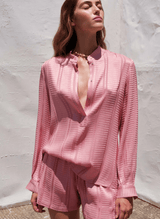 Shirts Zeus n Dione Hera Long Sleeve Textured Silk Shirt Mao Neck Pink Apoella