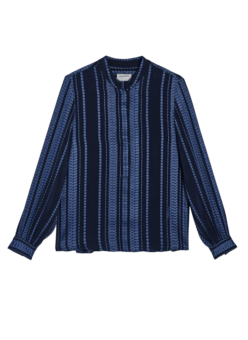 Shirts Zeus n Dione Hera Long Sleeve Textured Silk Top Mao Neck Navy Apoella