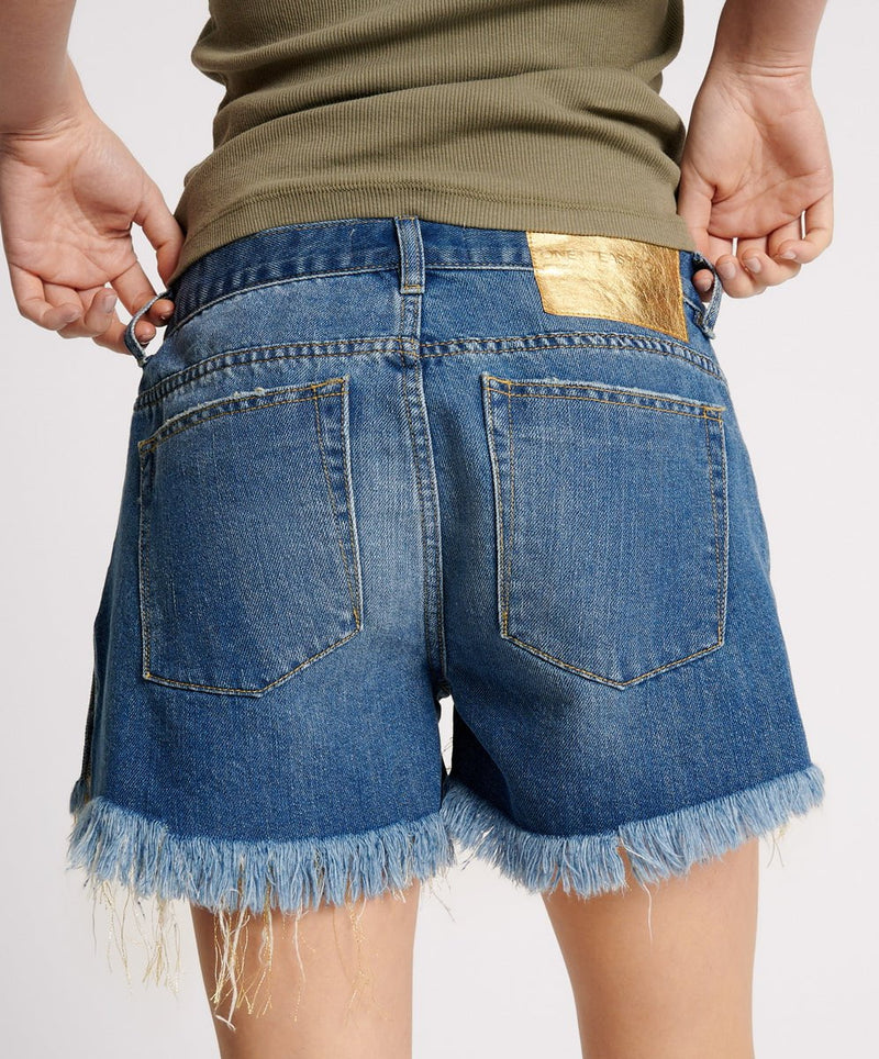 Marlons Low Waist Denim Shorts Boyfriend Shredded Gold APOELLA