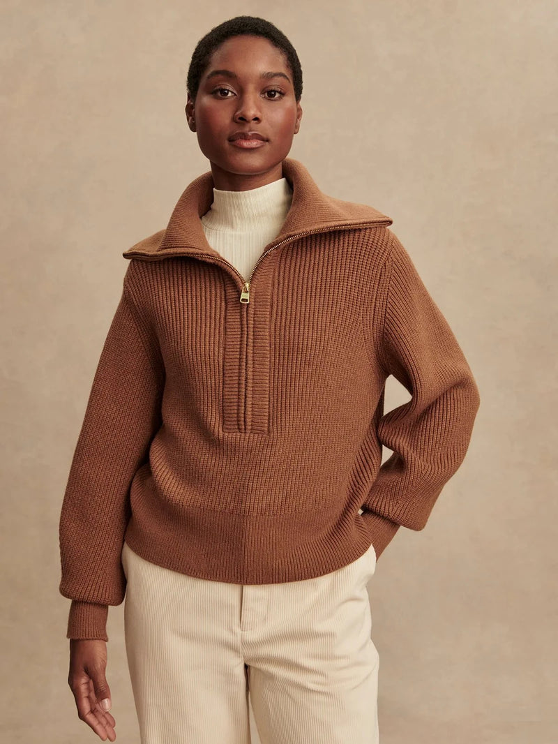 Sweater Varley Maura Half Zip Rib Knit Sweater Caramel Pecan Apoella