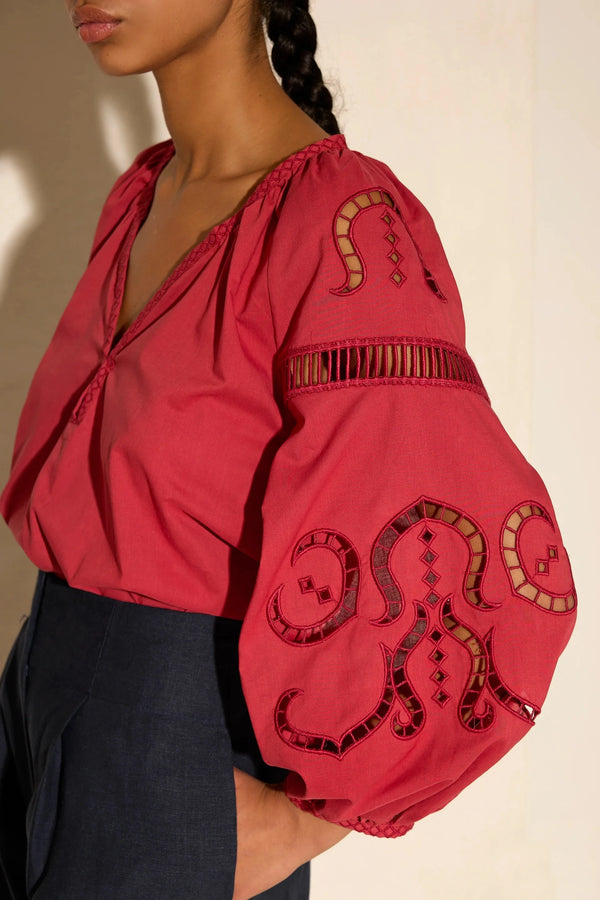 Tops Ancient Kallos Iphigenia Cut Embroidered Long Sleeve Top Rasberry Apoella