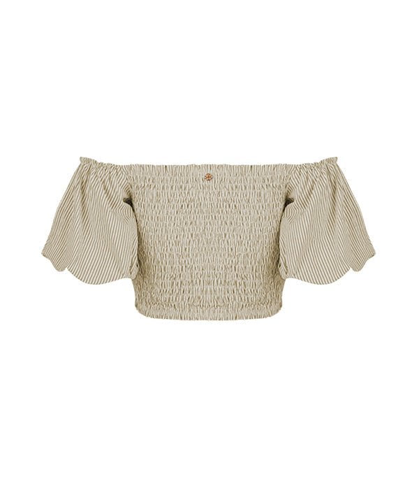 Tops Apoella Annie Puff Sleeve Smocked Top Striped Khaki Apoella