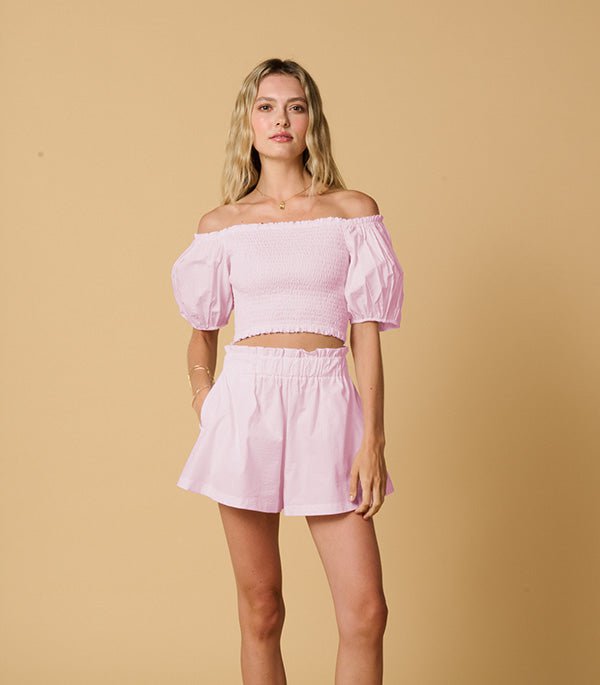 Tops Apoella Annie Puff Sleeve Smocked Top Striped Pink Apoella