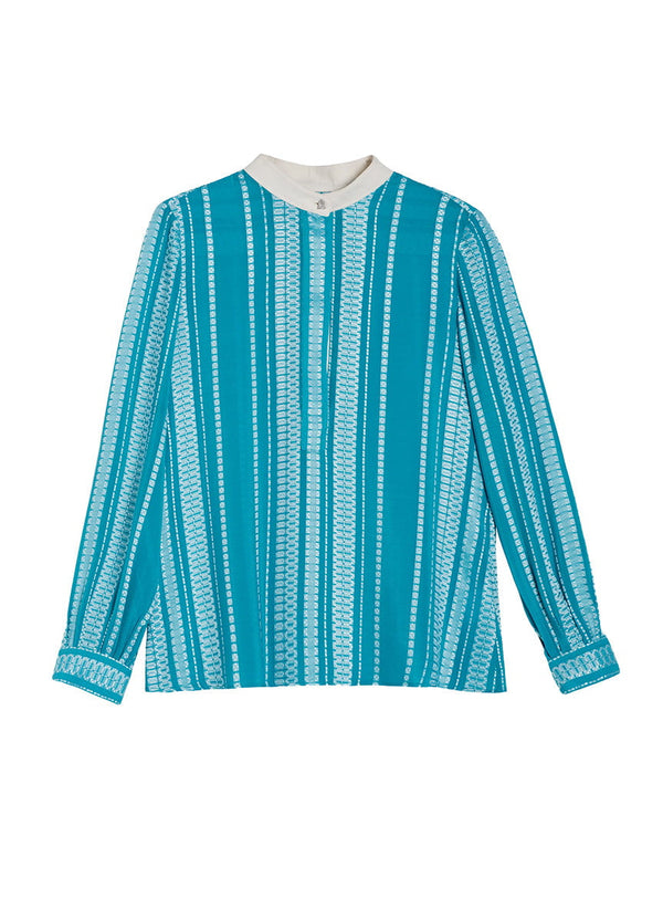 Tops Zeus n Dione Hera Long Sleeve Textured Silk Top Mao Neck Aqua Apoella