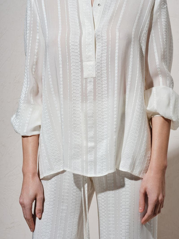 Tops Zeus n Dione Hera Long Sleeve Textured Silk Top Mao Neck Ivory Apoella