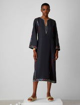 Tunic Ancient Kallos Trikeri Embroidered Linen Midi Caftan Midnight Blue/Multi Apoella