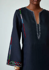Tunic Ancient Kallos Trikeri Embroidered Linen Midi Caftan Midnight Blue/Multi Apoella