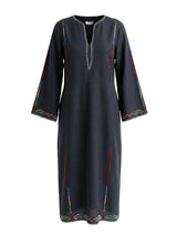 Tunic Ancient Kallos Trikeri Embroidered Linen Midi Caftan Midnight Blue/Multi Apoella