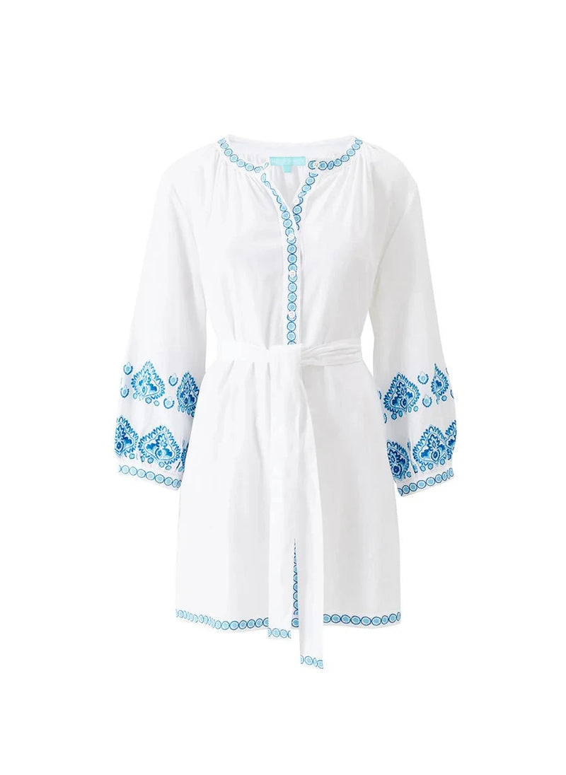Tunic Melissa Odabash Tania Belted Embroidered Tunic White/Teal Apoella