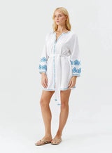 Tunic Melissa Odabash Tania Belted Embroidered Tunic White/Teal Apoella