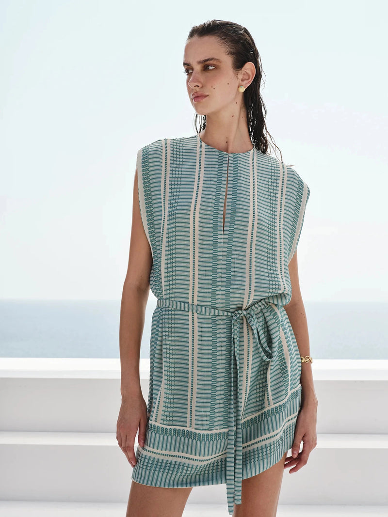Tunic Zeus n Dione Istion Belted Textured Silk Tunic Ivory/Aqua 38 / Aqua Apoella