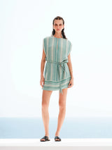 Tunic Zeus n Dione Istion Belted Textured Silk Tunic Ivory/Aqua 38 / Aqua Apoella