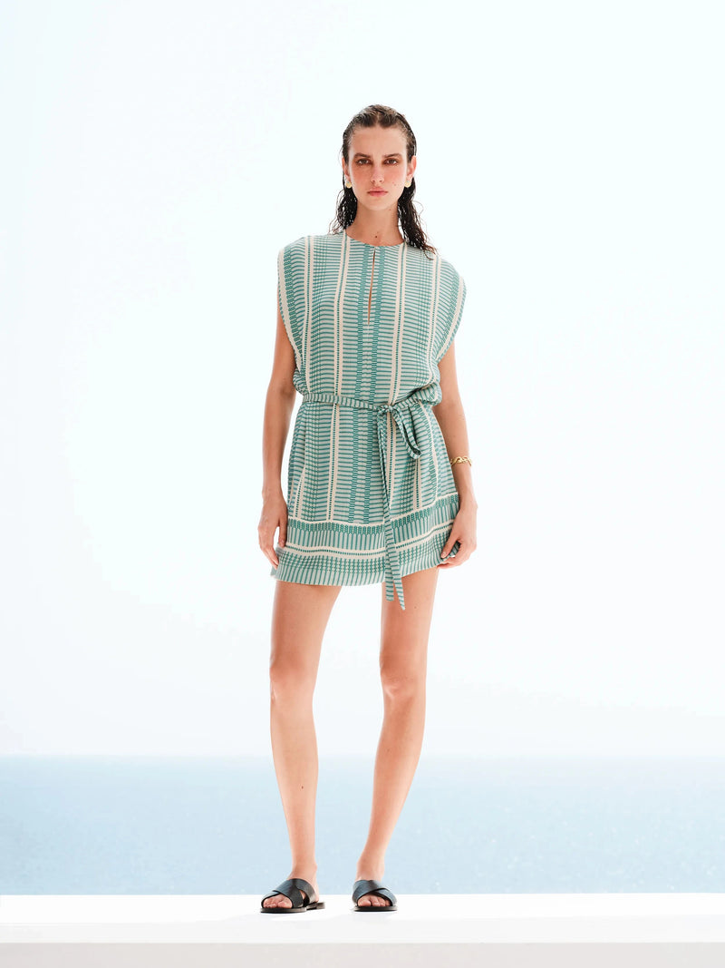 Tunic Zeus n Dione Istion Belted Textured Silk Tunic Ivory/Aqua 38 / Aqua Apoella