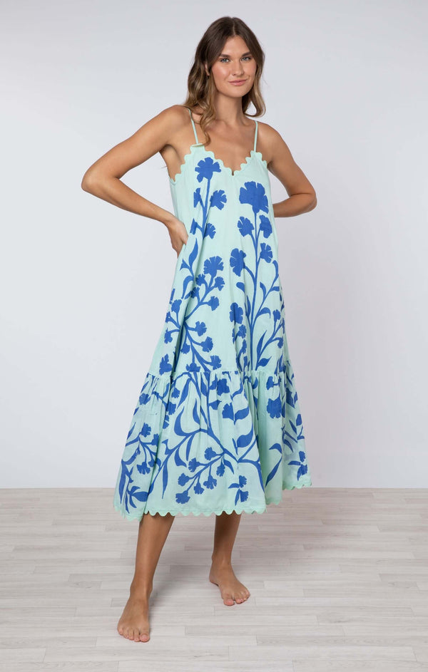 - V-neck Midi Dress Majorelle Print Aqua/blue Apoella