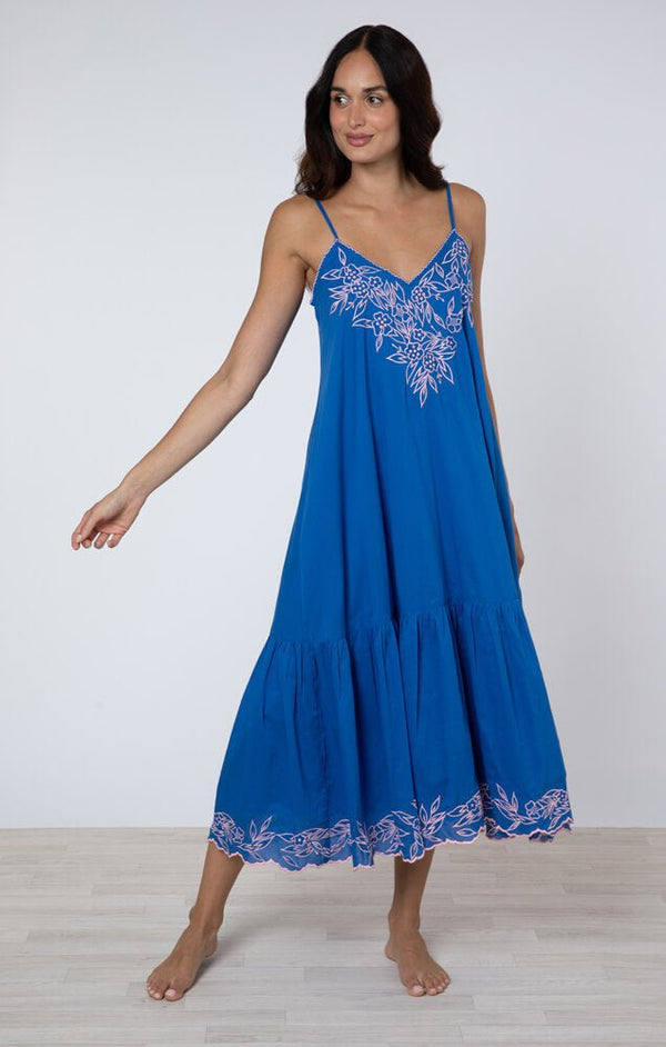 - V-neck Midi Dress W.floral Embroidery Royal Blue/candy 2 / Color Apoella