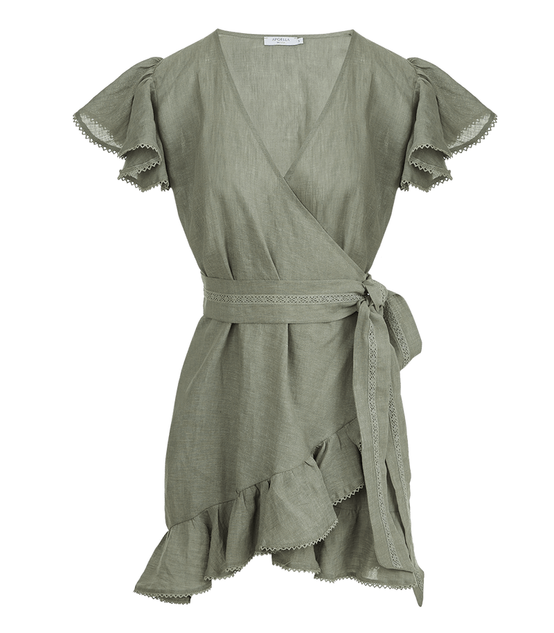 Dress Apoella Amalia Lace Linen Mini Wrap Dress S / Khaki Apoella