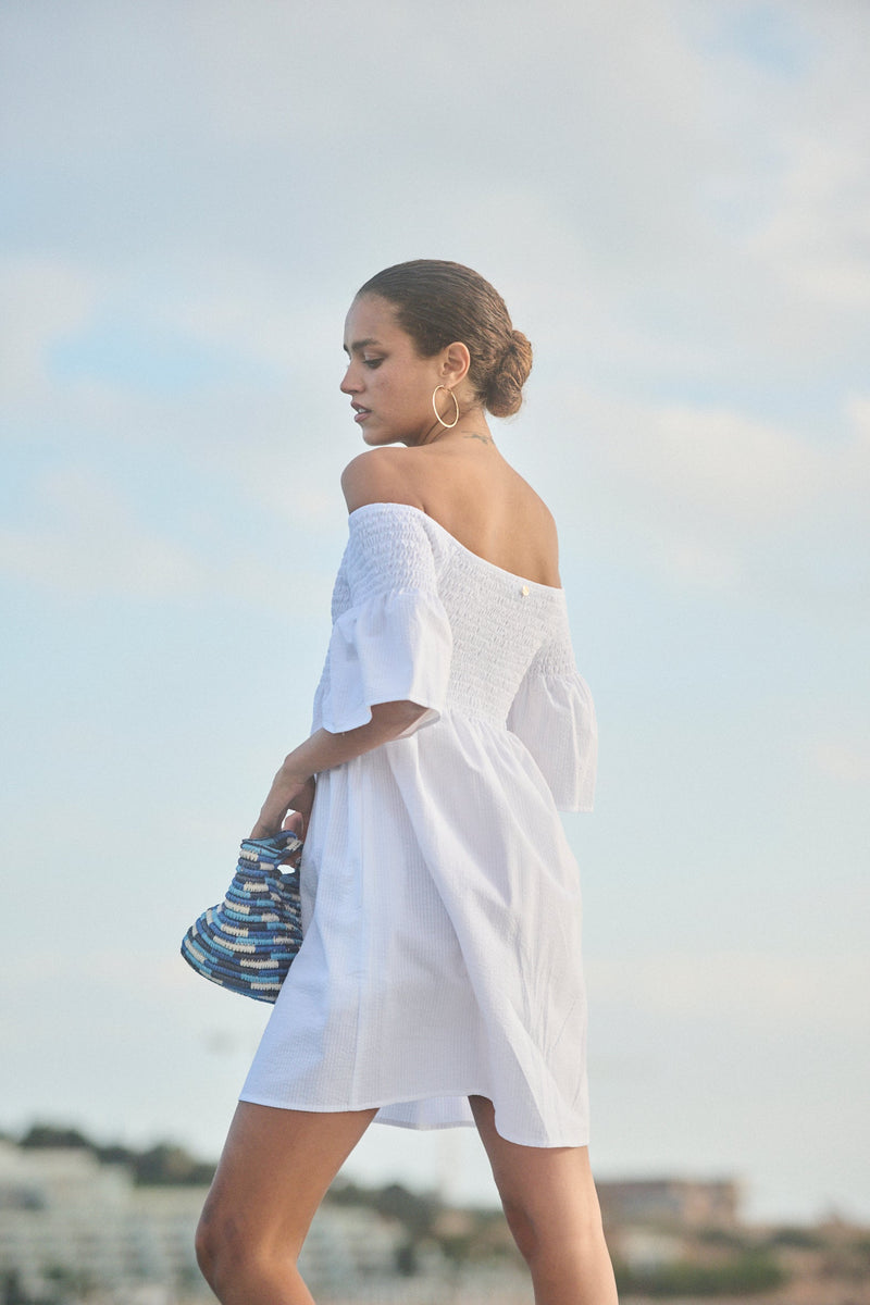 Arianna Smocked Bell Sleeve Mini Dress Sky - Apoella – APOELLA