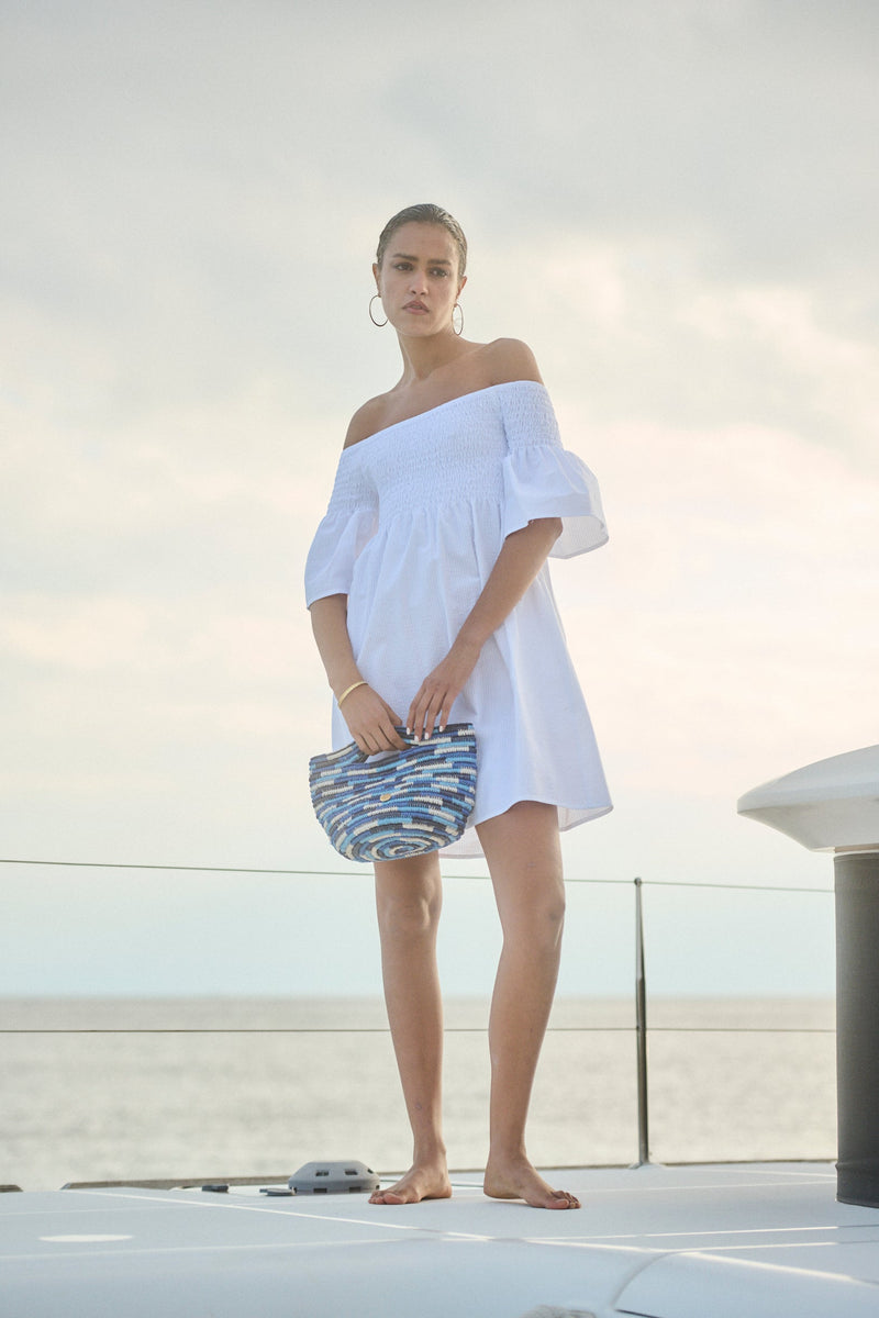 Arianna Smocked Bell Sleeve Mini Dress Sky - Apoella – APOELLA