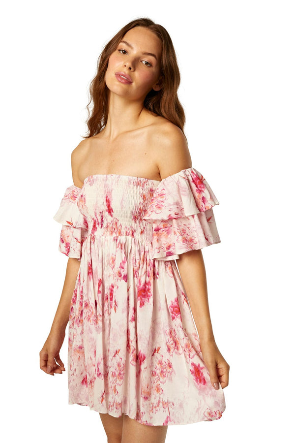 Dresses Misa Los Angeles DINA OFF SHOULDER SHORT DRESS ABSTRACT ROSE FLORA S / Rose Flora Apoella