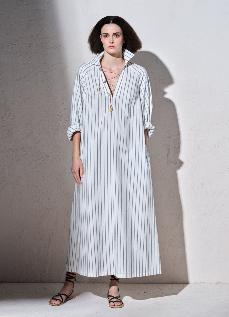 Dresses Zeus n Dione AIOLOS LONG SLEEVE LACE UP LONG DRESS Ivory Stripes / 38 Apoella